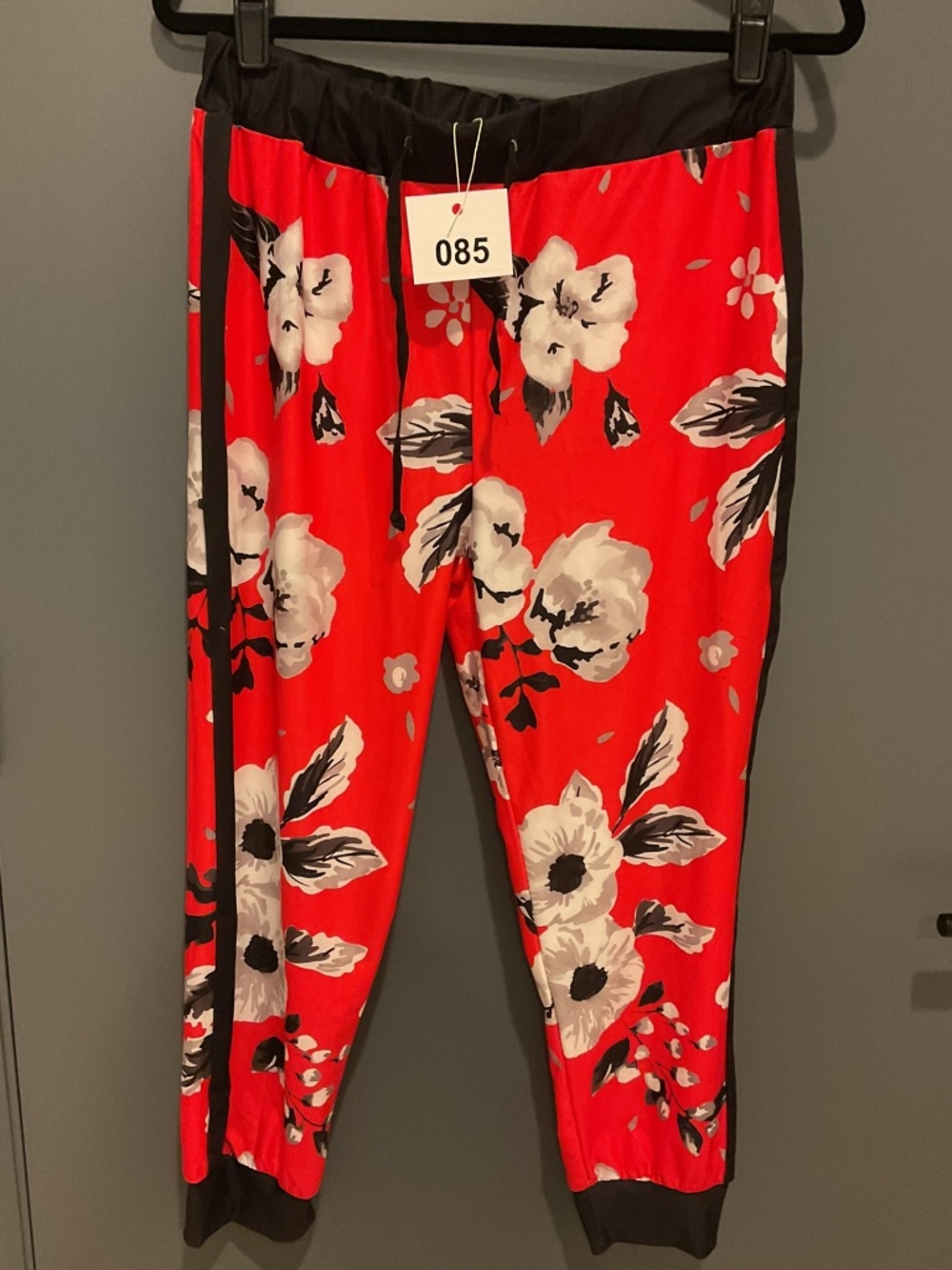085 bright red pants with black and white floral